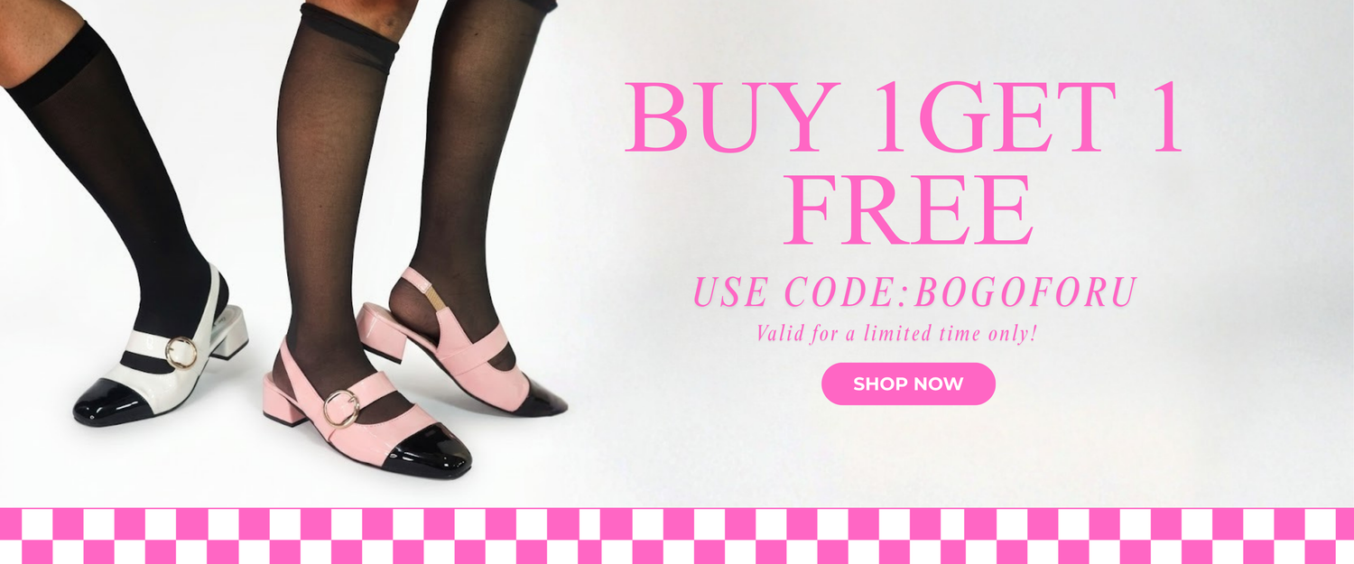 Promotional banner with legs wearing black stockings and pink shoes, offering 'Buy 1 Get 1 Free' deal.