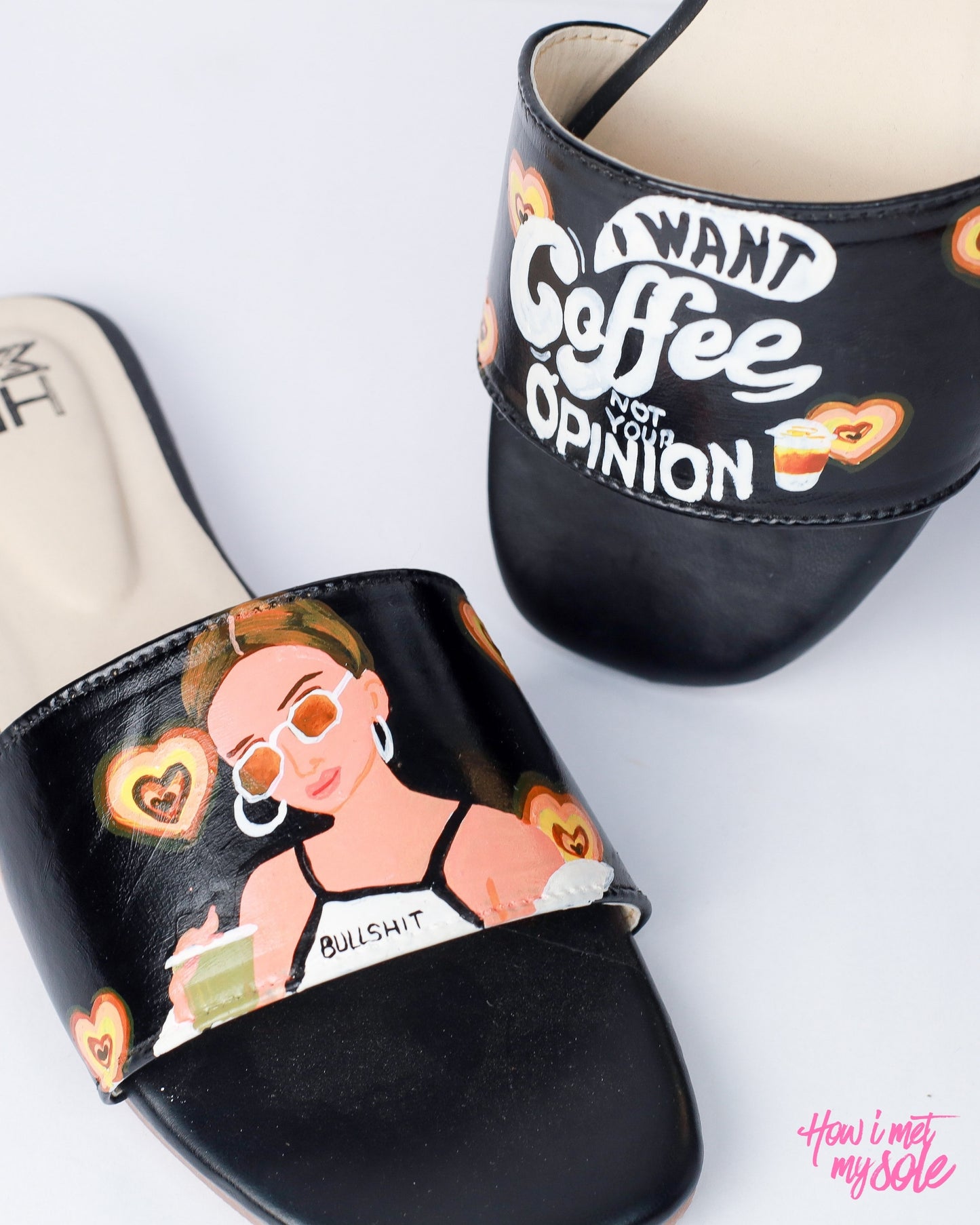 Hand-Painted Caffinated Sass Slides - CloseUp
