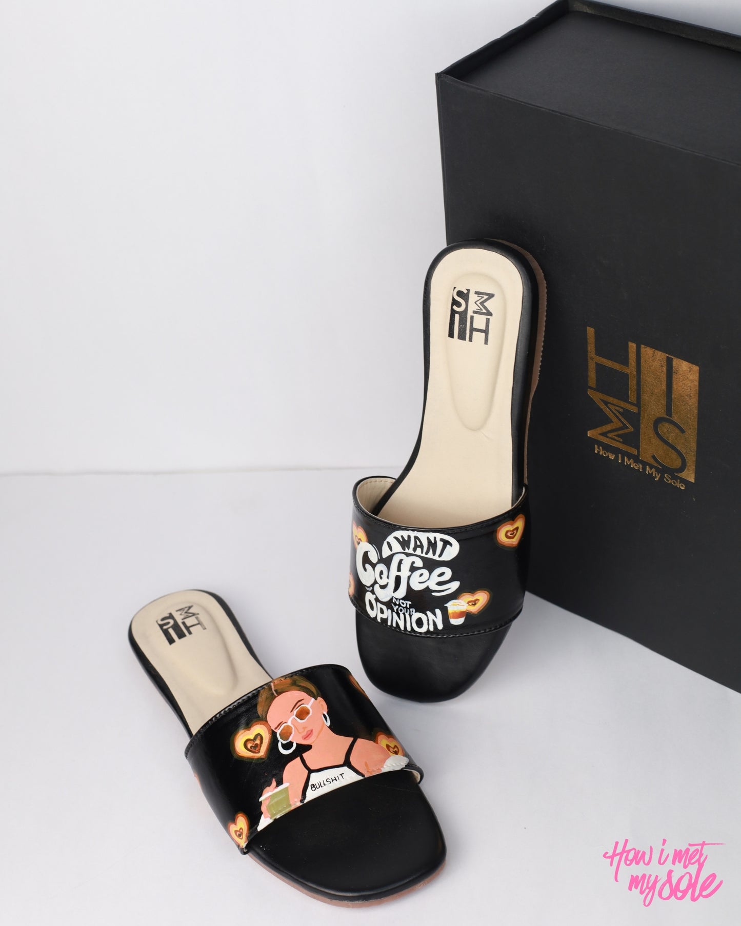 Hand-Painted Caffinated Sass Slides - With Box