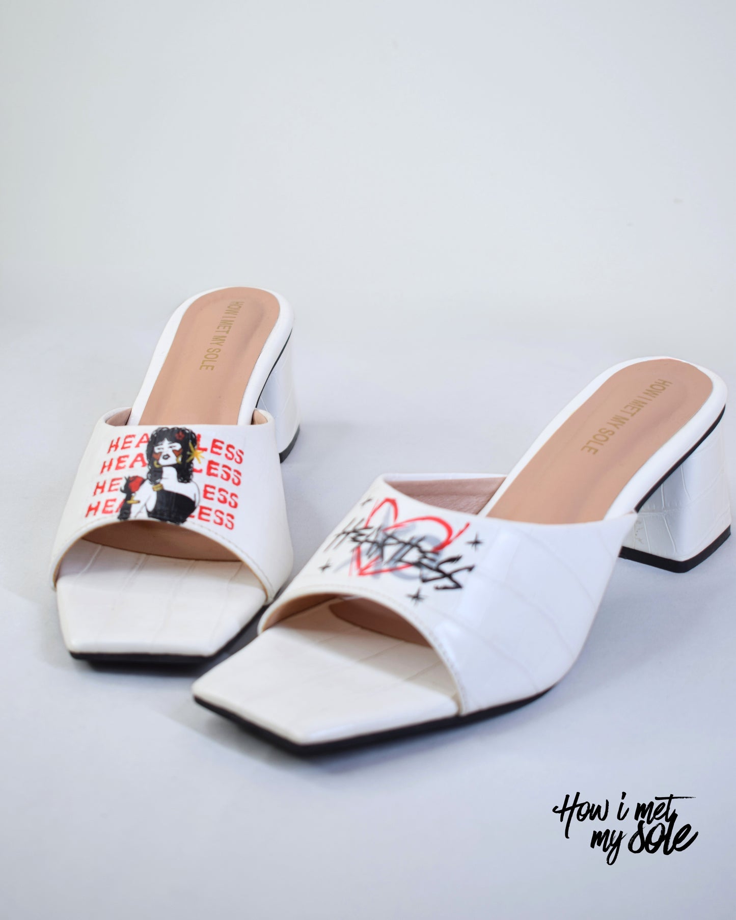 Comfortable 'Heartless' White Hand Painted Custom Open Toe Heels - Front & Side