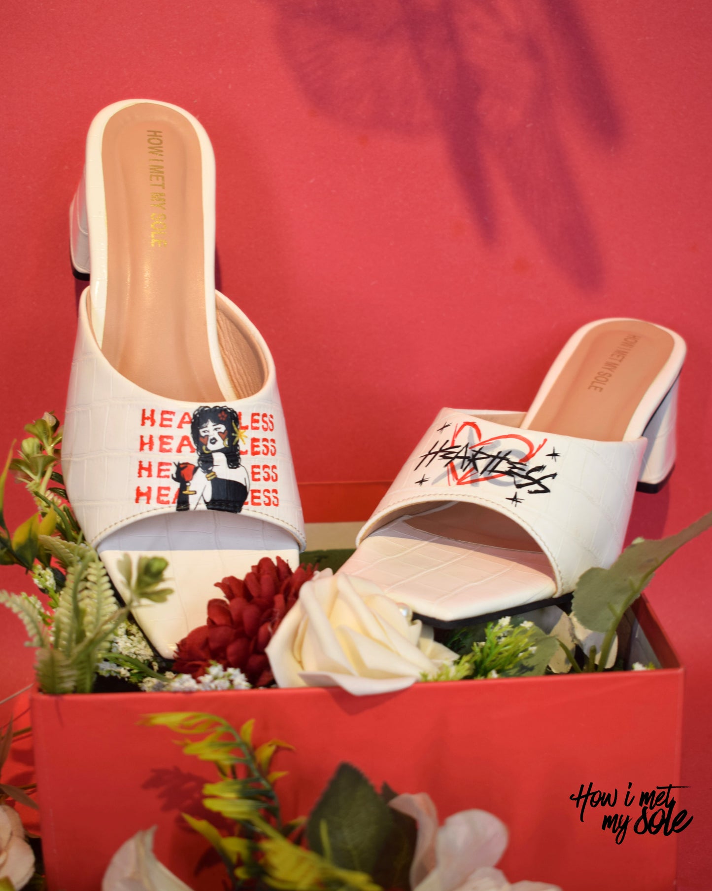 Comfortable 'Heartless' White Hand Painted Custom Open Toe Heels - Front & Top 2
