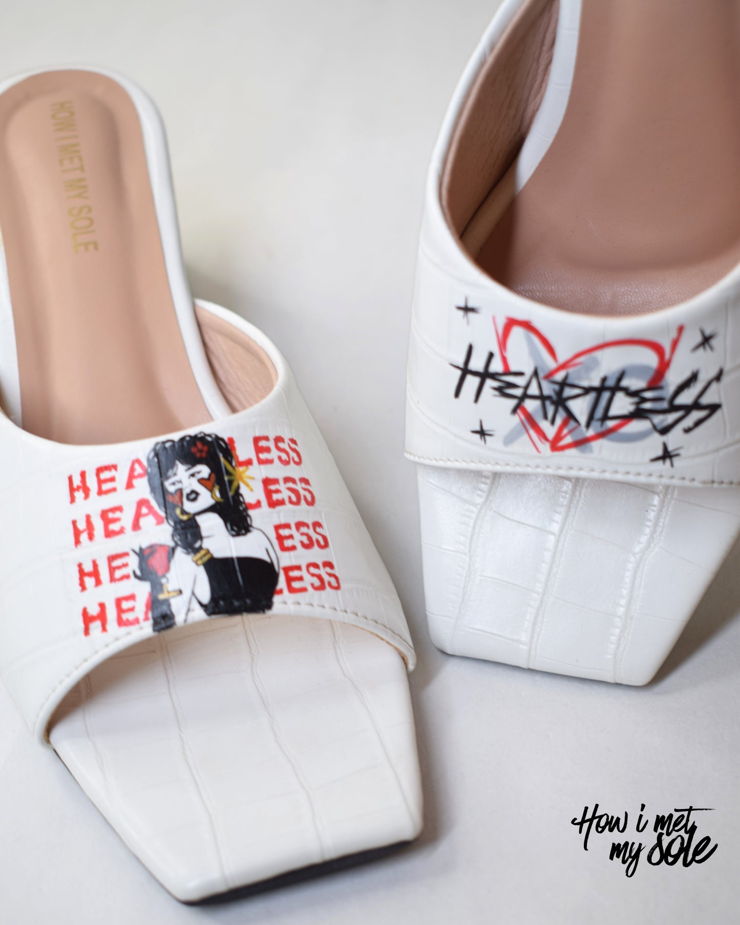 Comfortable 'Heartless' White Hand Painted Custom Open Toe Heels - Front & Top Close Up