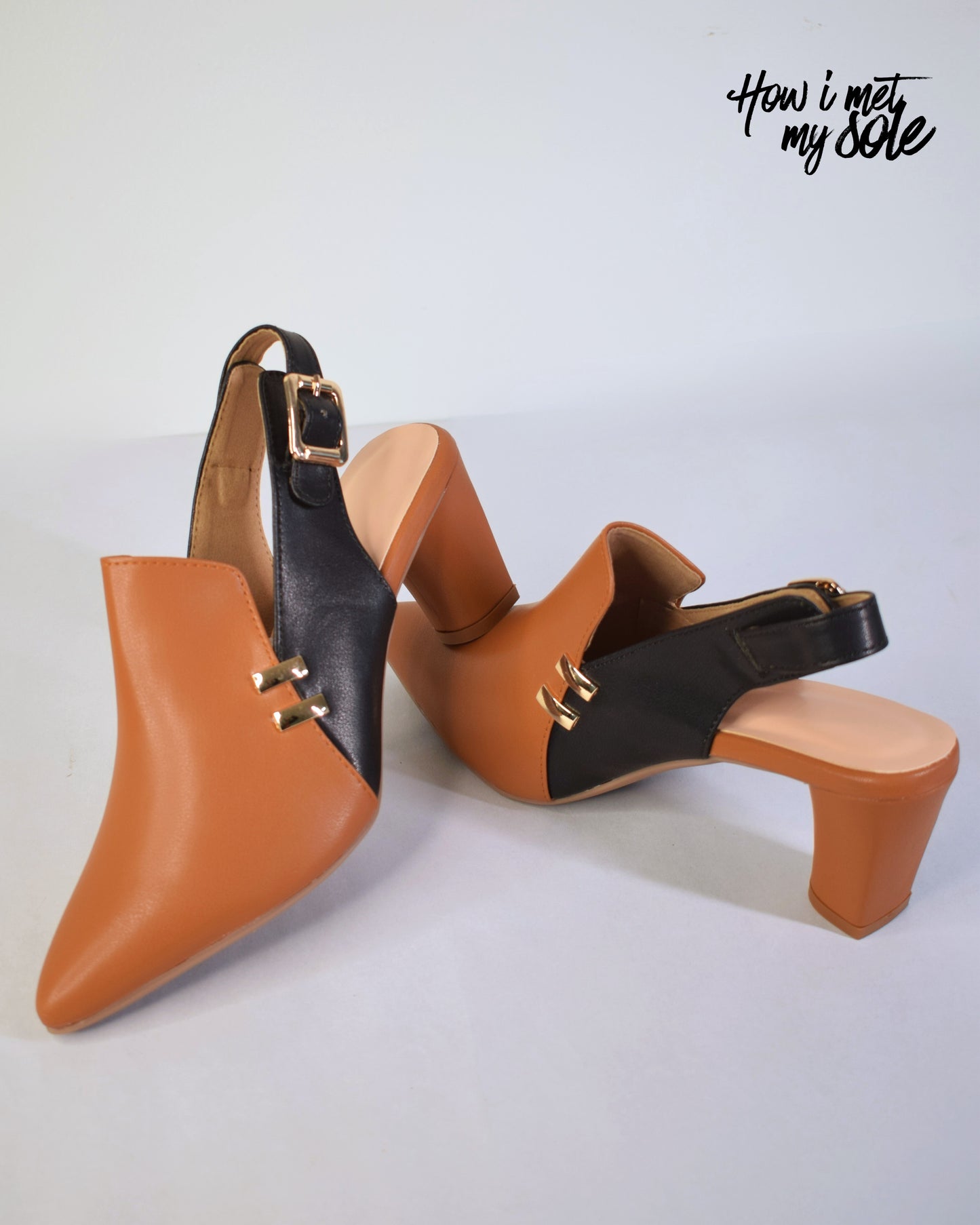 Comfortable 'Tan Fall Fashioned' Brown & Black Pointed-Toe Heels - Front & Back Close