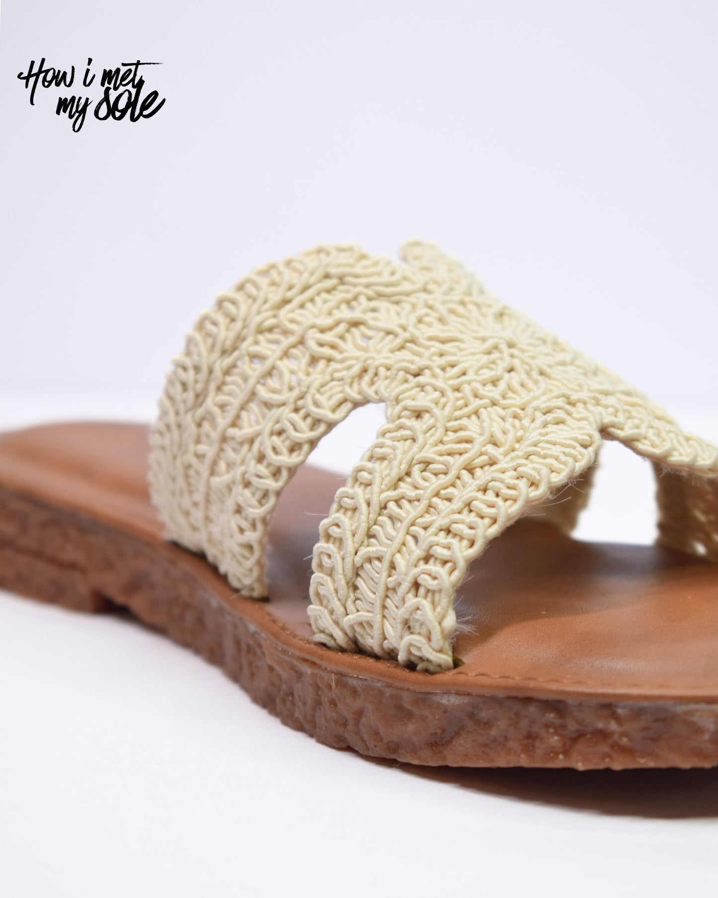 'Crochet Crush' Off-White Broad Feet Slider Open Toe Flat for Women - Side Close Up