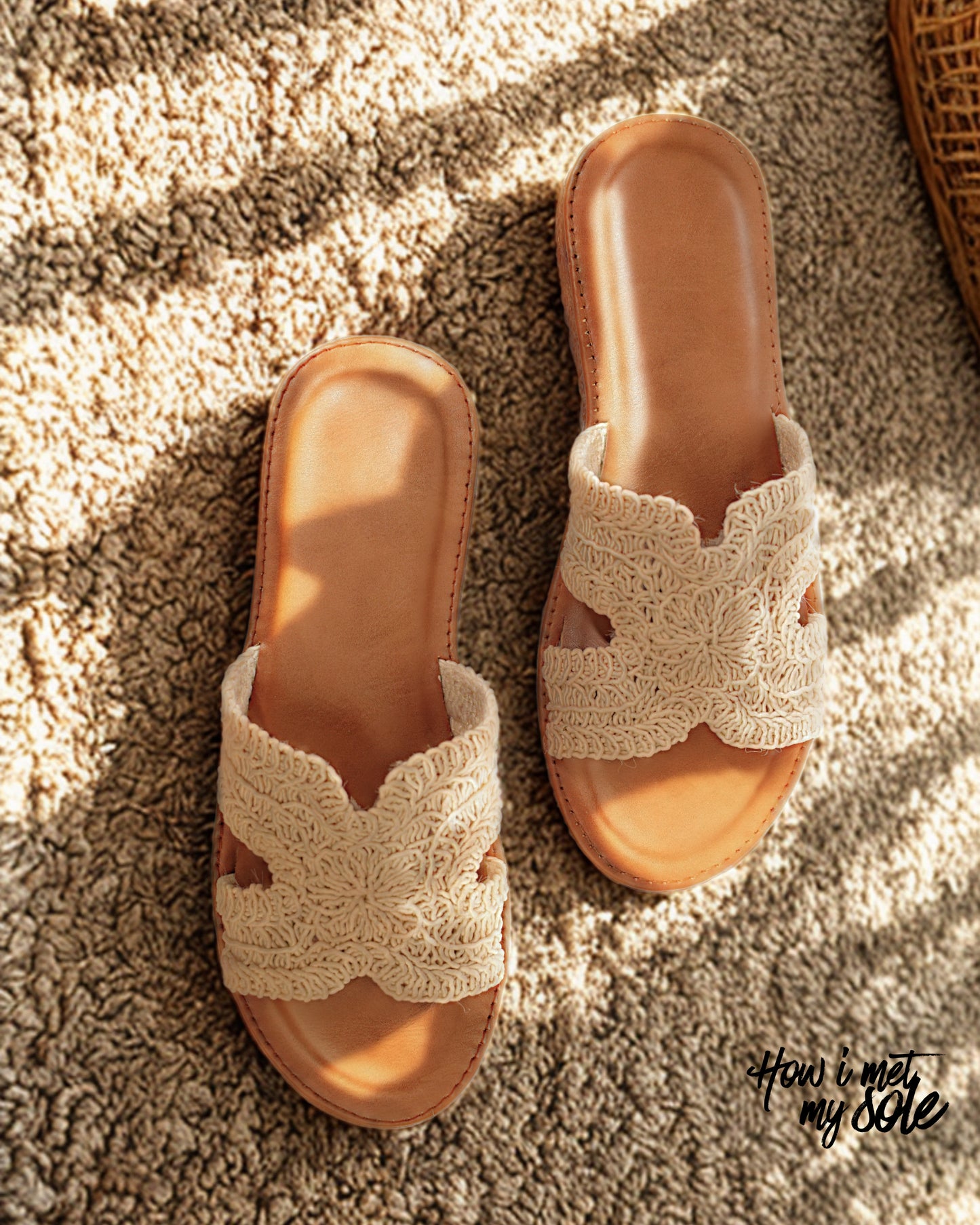'Crochet Crush' Off-White Broad Feet Slider Open Toe Flat for Women - Top 1