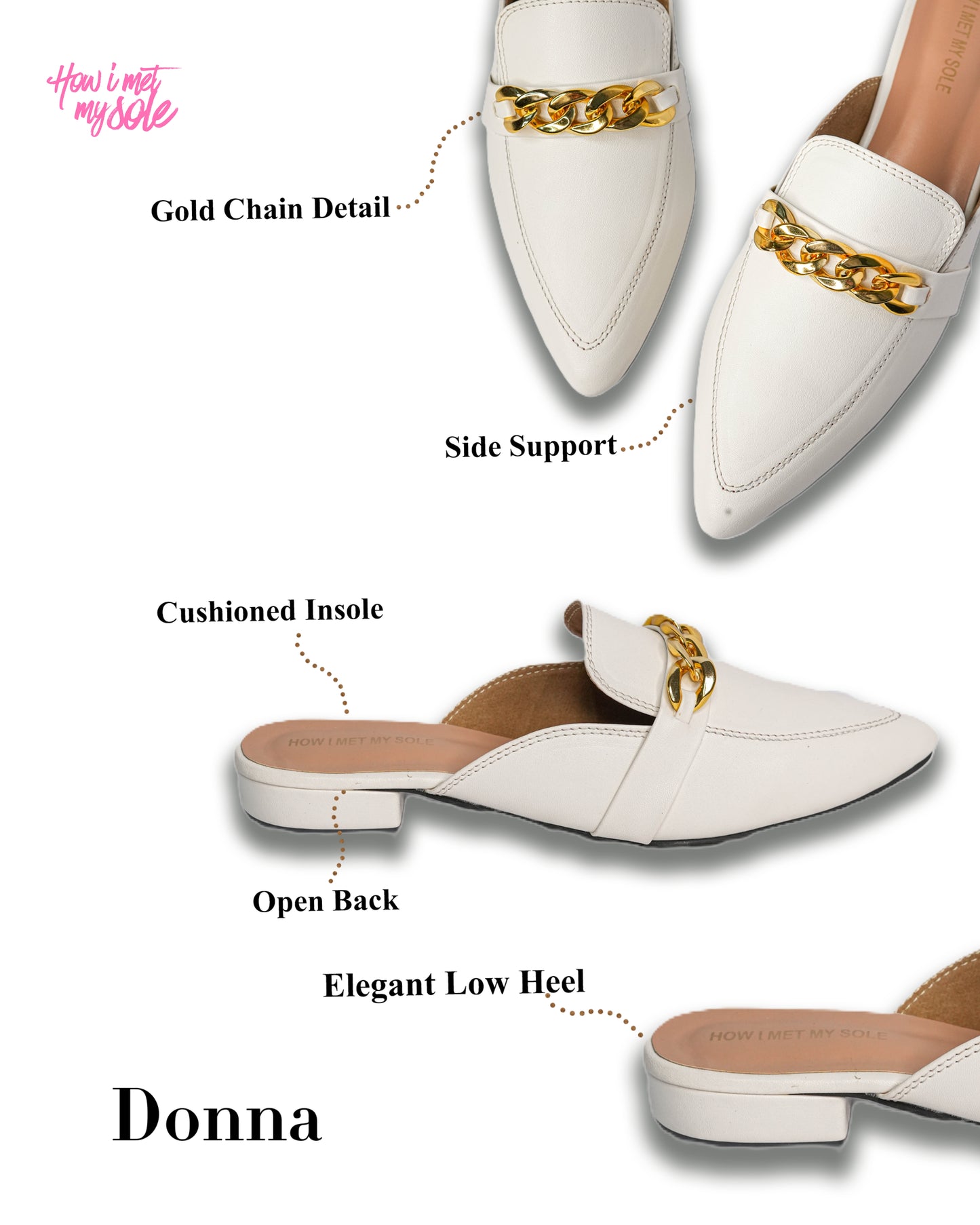 Donna White Pointed Toe Easy Slip On Mule - Detail