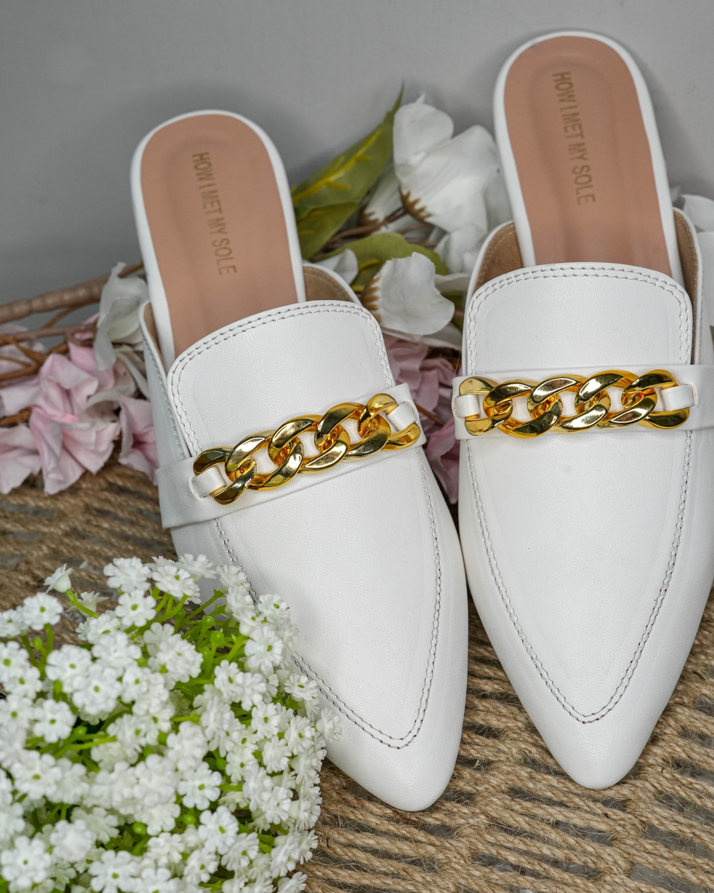 Donna Golden Chain White Mules Shoes - Front