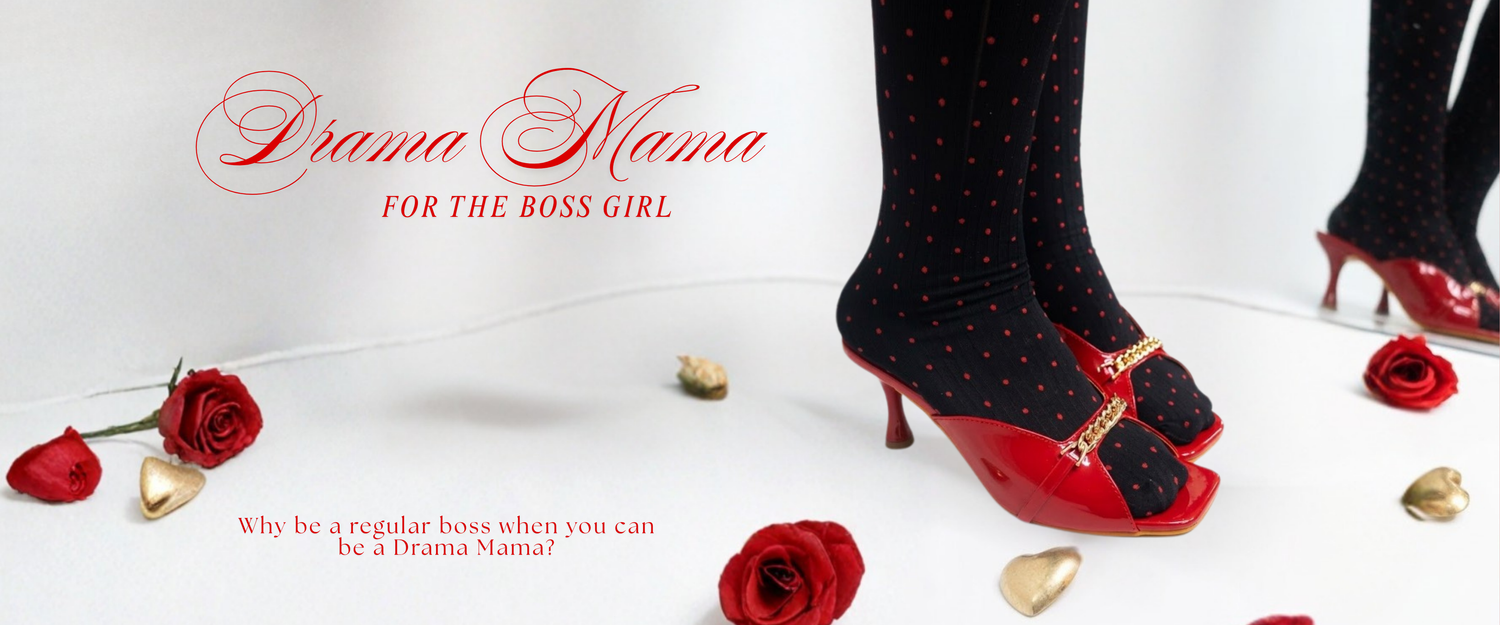 Red high-heeled shoes with black polka dot socks and roses on a white background, featuring 'Diana Mama' branding.