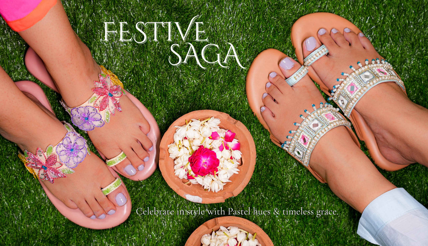 Colorful sandals with decorative elements on a grass background, featuring the brand 'Festive Saga'. (Festive Saga Celebrate in style with pastel hues & timeless grace - Desktop Banner)