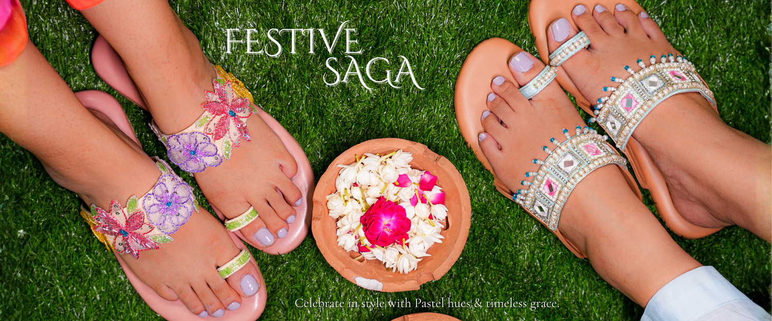Two pairs of feet wearing festive kolhapuri flat sandals on grass with 'Festive Saga' text.