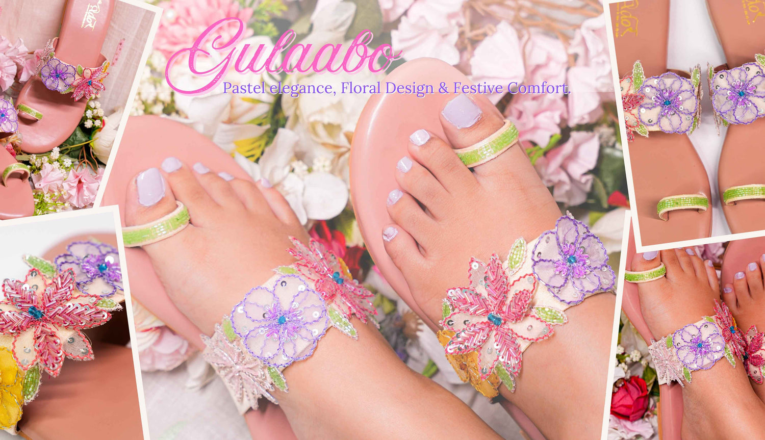 Collage of feet wearing colorful floral anklets with 'Gulabo' branding. (Gulaabo Pastel Elegance, floral design, festive comfort - Desktop Banner)