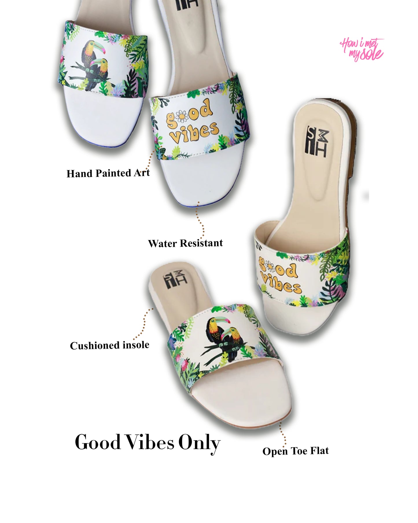 Hand Painted Custom Good Vibes Only Slider Easy Slip on Flats - Details