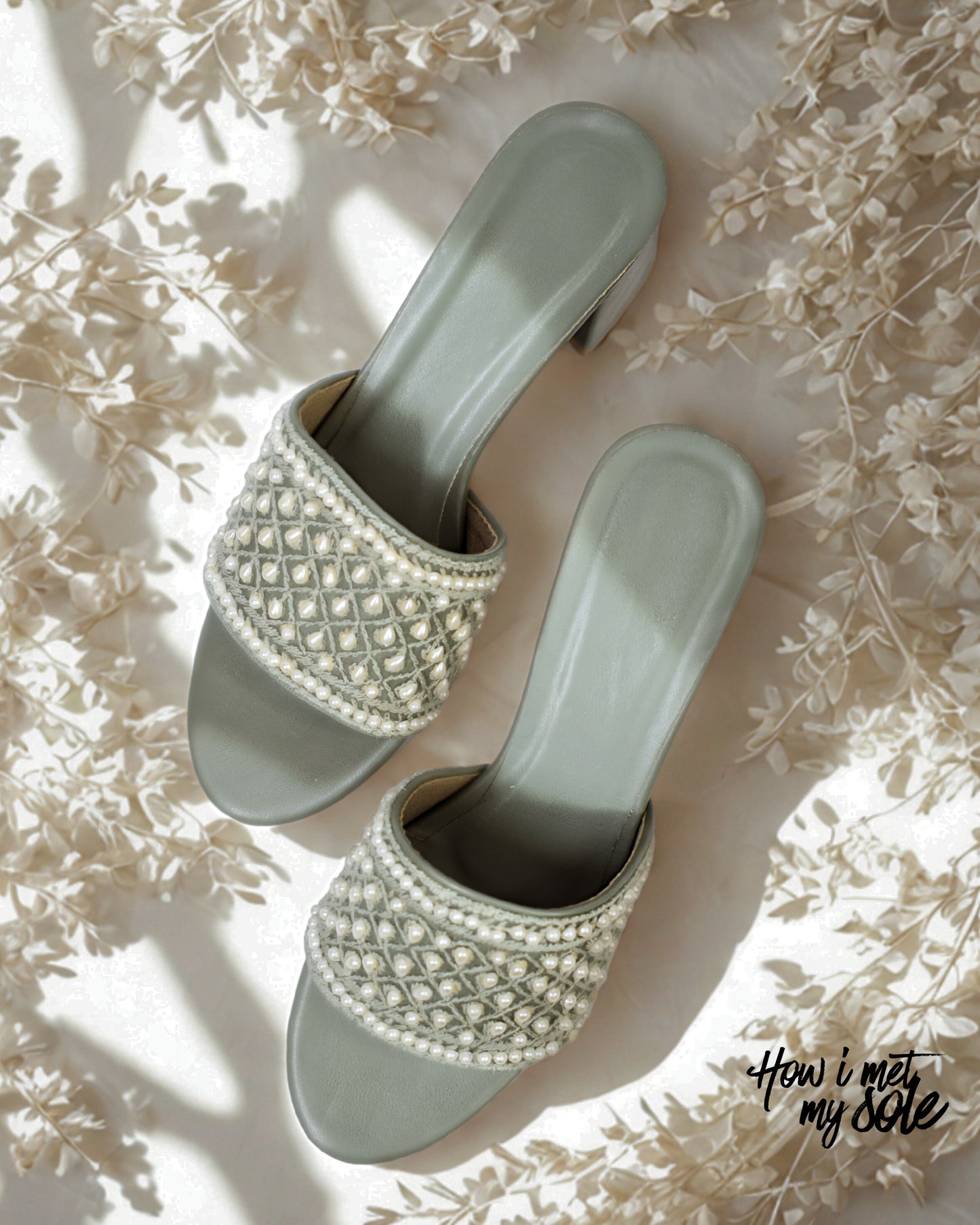 'Mahebooba' Sage Green PU Open Toe Ethnic Embroidered Block Heels - Top