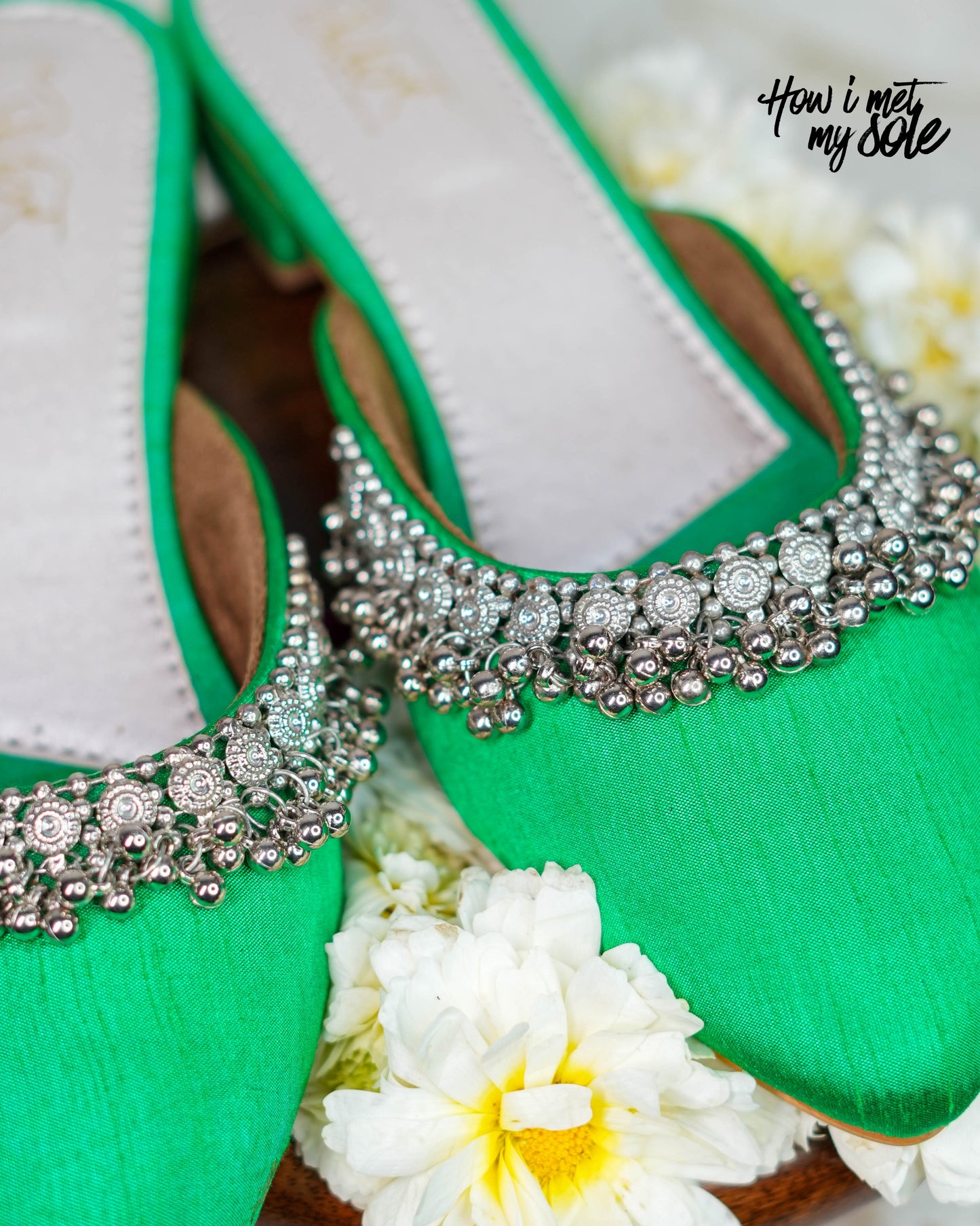 'Masakali Green Mules' - Front with flowers around