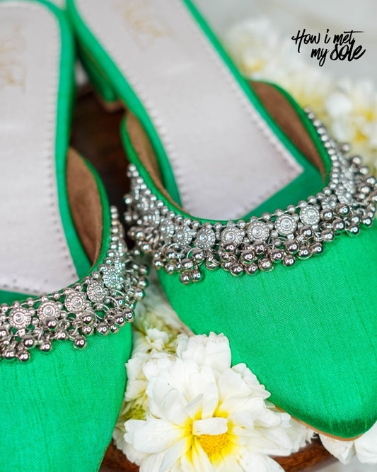 'Masakali Green Mules' - Front with flowers around