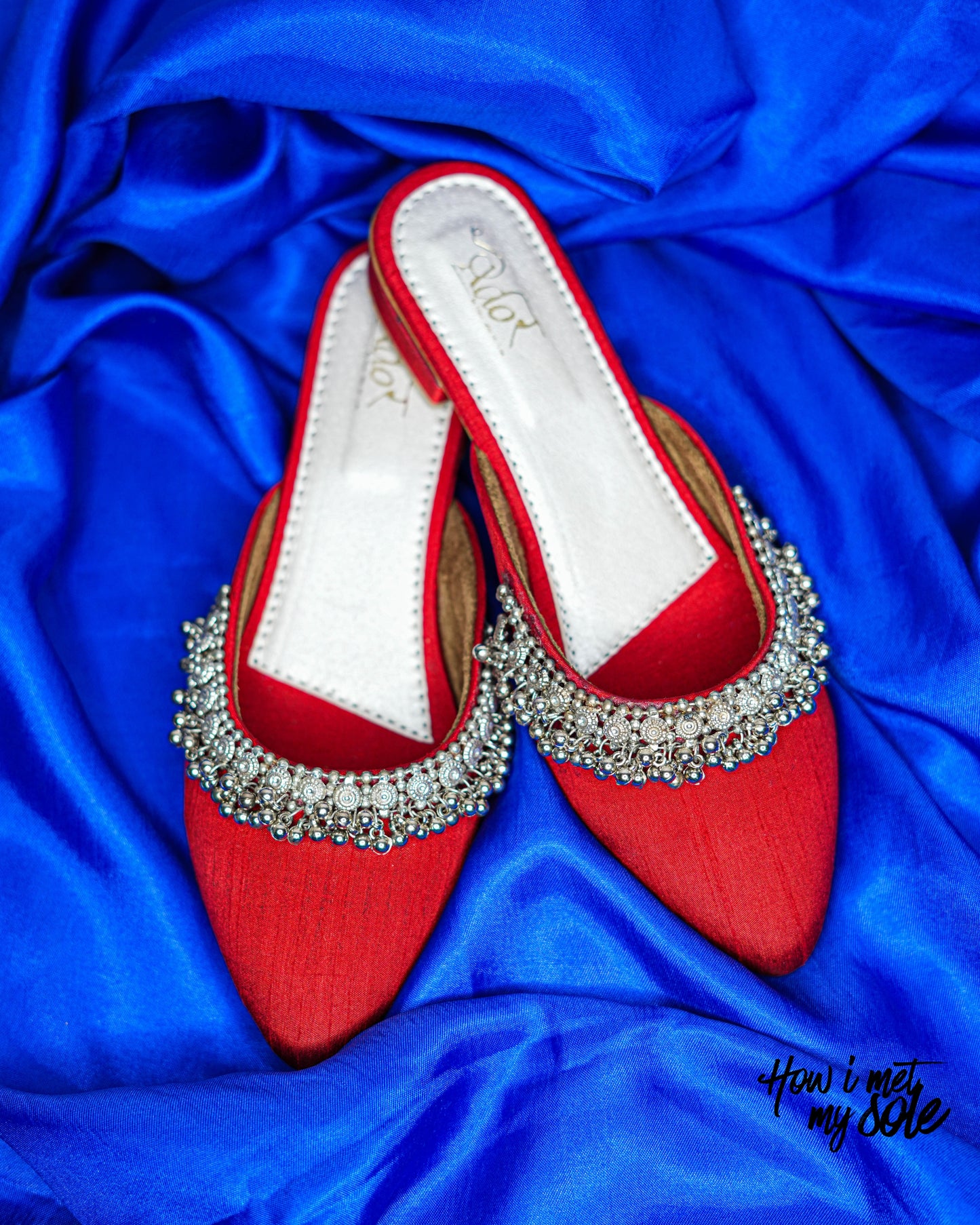 'Masakali Red Mules' - Top on Royal Blue Cloth