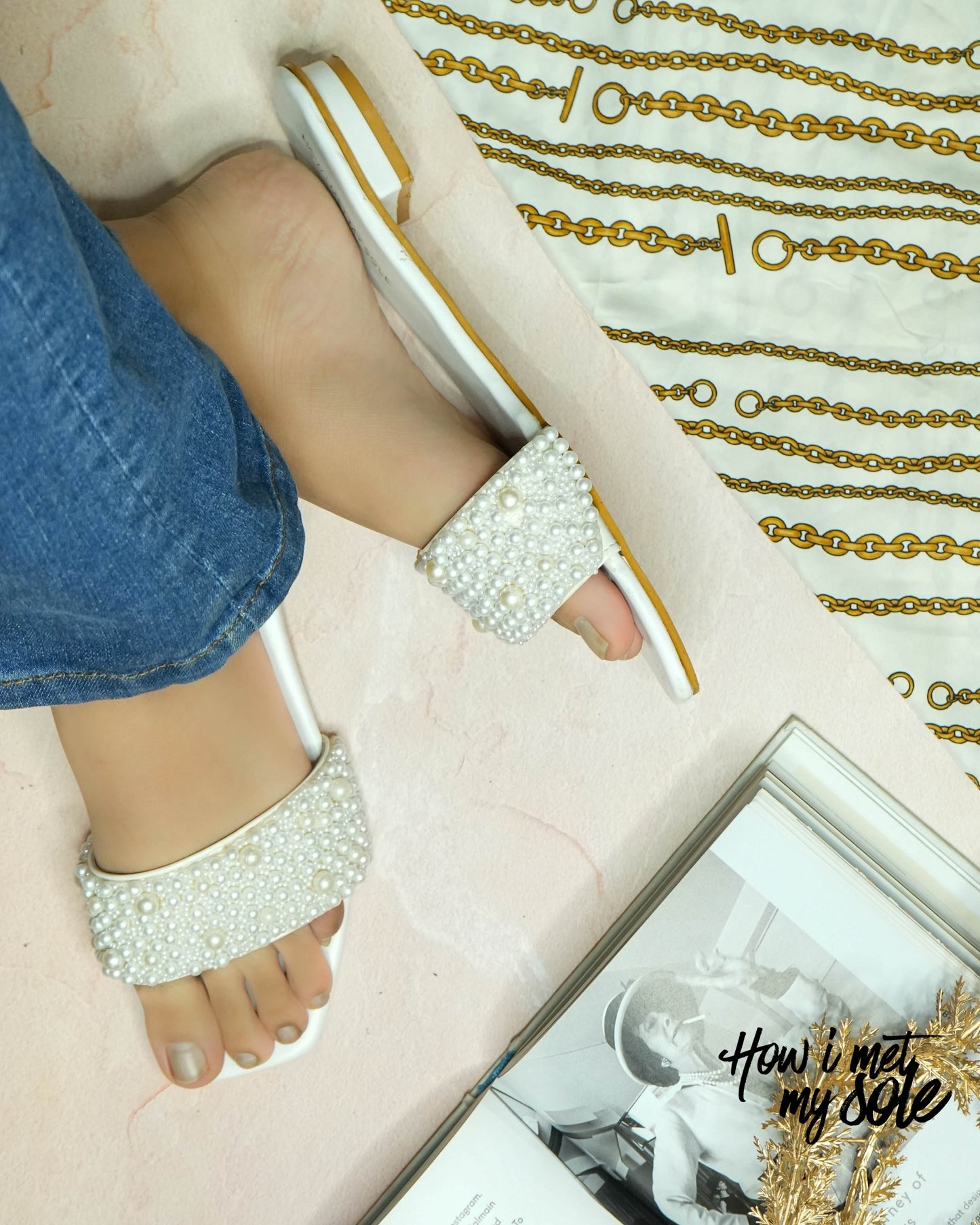 Mia White Pearl Heels Slides - In Feet