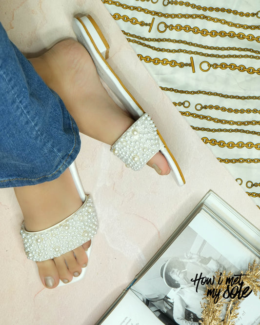 Mia White Pearl Heels Slides - In Feet