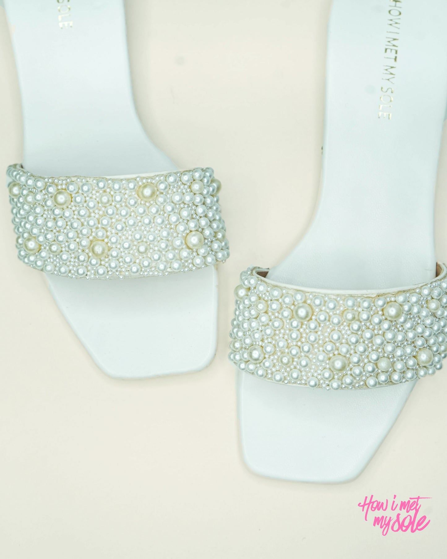 Mia White Pearl Heels Slides - Top