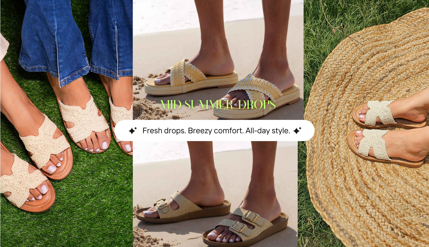 Collage of sandals worn outdoors with text overlay on a grassy background. (Mid Summer Drops Fresh Drops breezy comfort all day style - Desktop Banner)