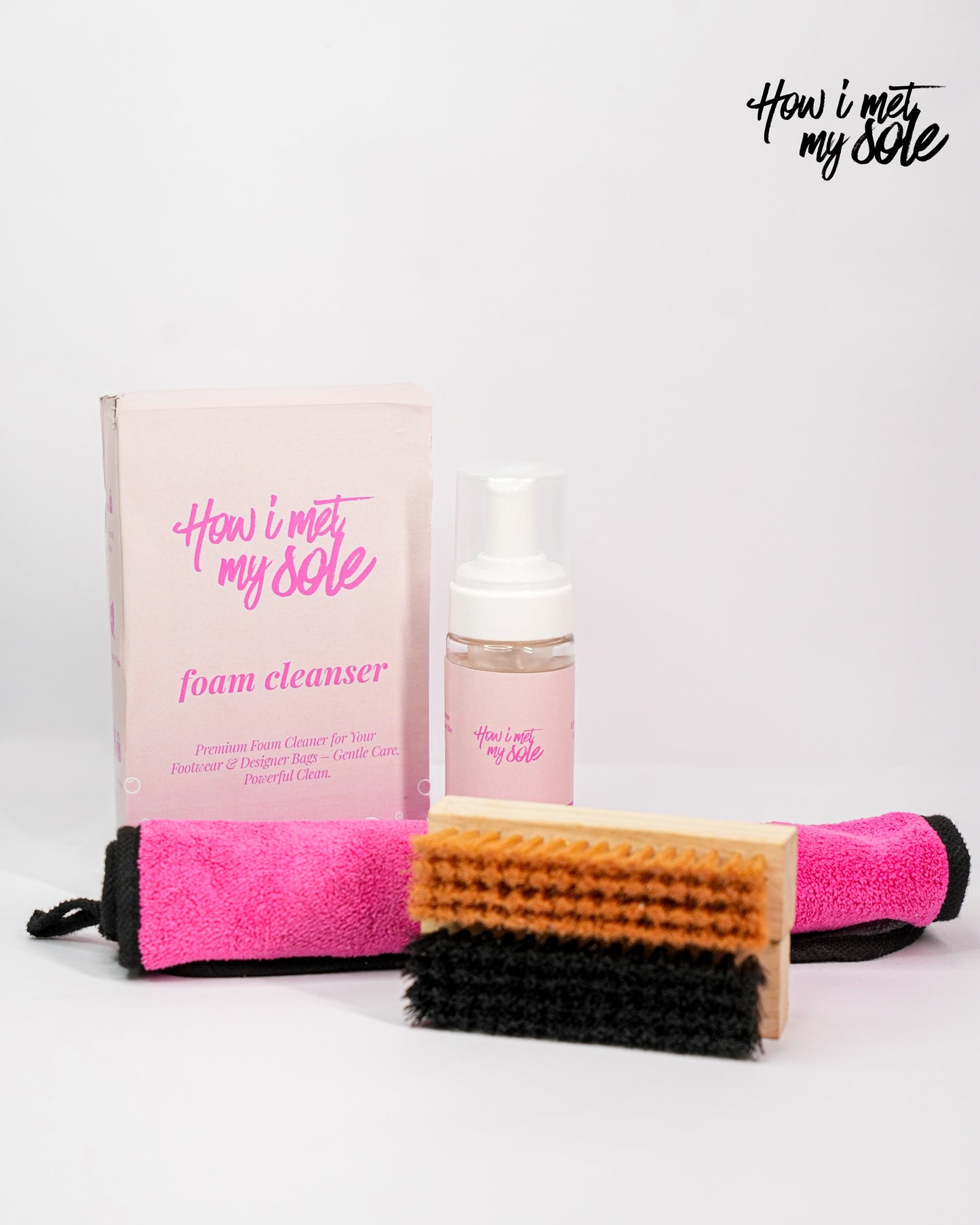 Cleaning product kit with foam cleanser, brushes, and towel on a white background with 'How I Met My Sole' branding.