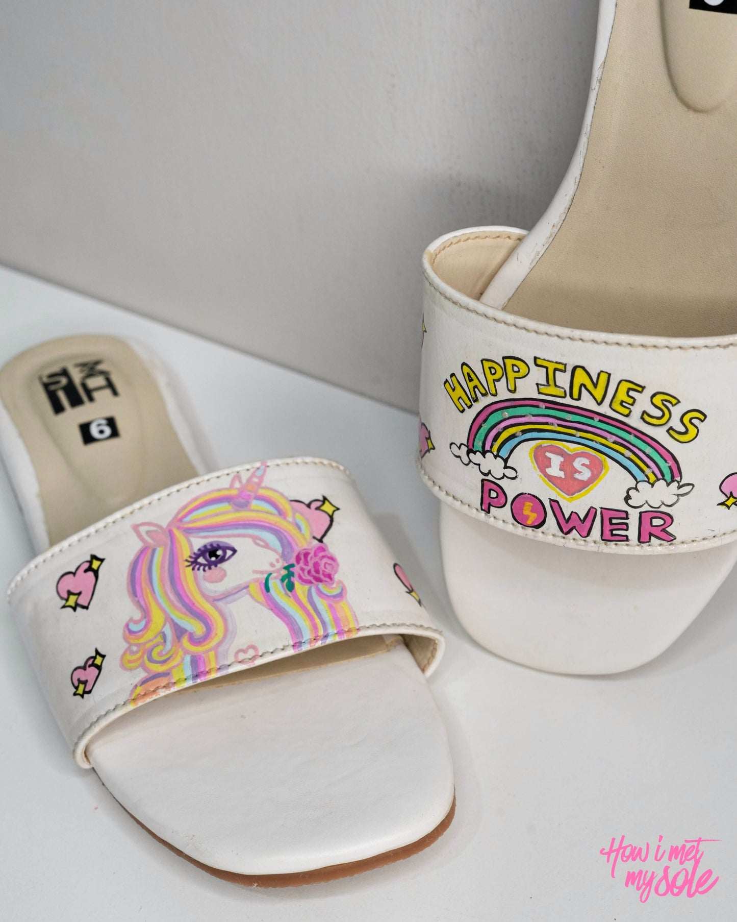 Hand-Painted Whimsy Bliss: Unicorn Rainbow Slides - "Happiness is power" - Close Up Shot