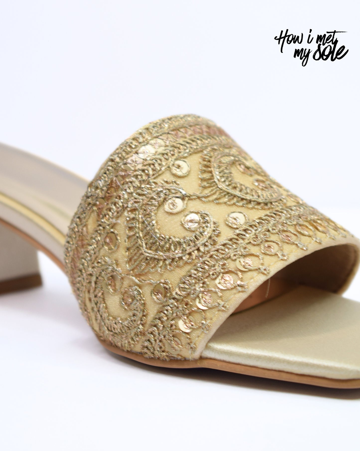 'Zari Not Sorry' Gold Open Toe Ethnic Embroidered Heels - Front Side Close Up