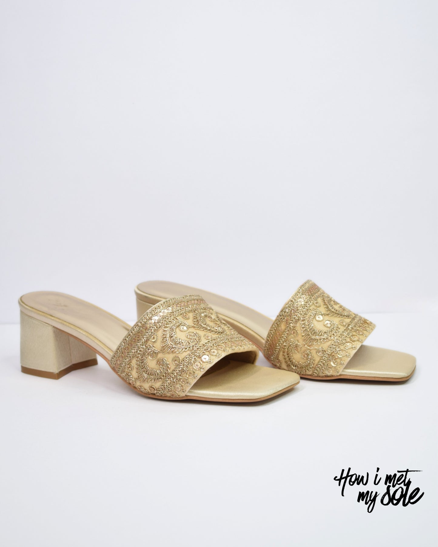 'Zari Not Sorry' Gold Open Toe Ethnic Embroidered Heels - Front Side