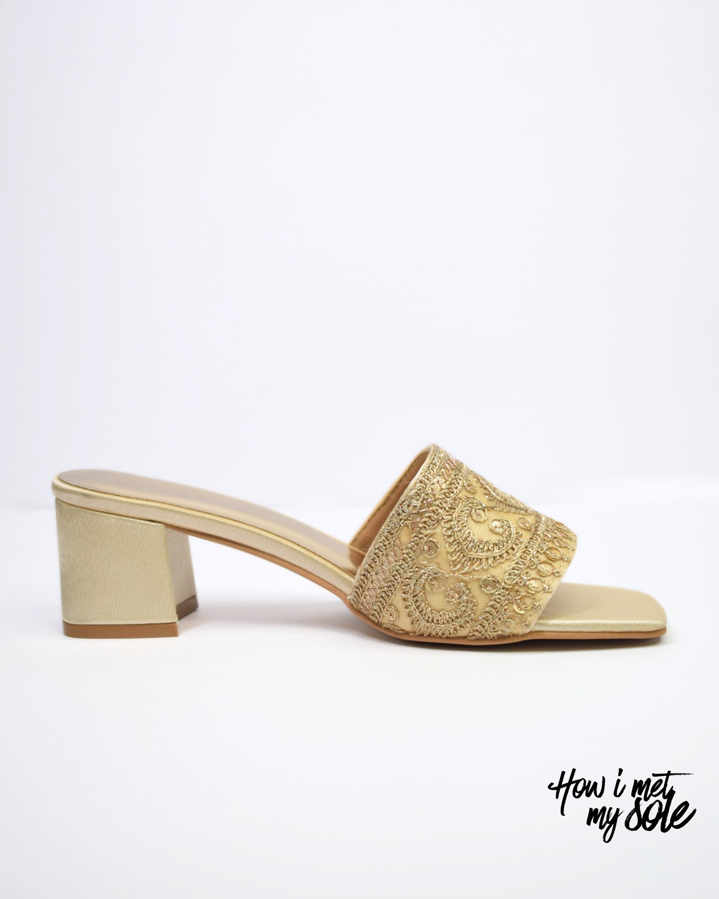 'Zari Not Sorry' Gold Open Toe Ethnic Embroidered Heels - Side
