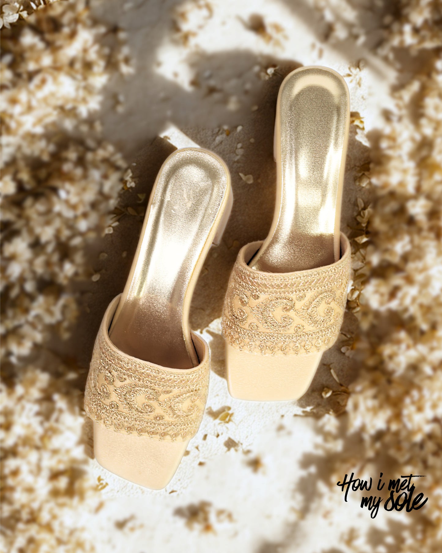 'Zari Not Sorry' Gold Open Toe Ethnic Embroidered Heels - Top