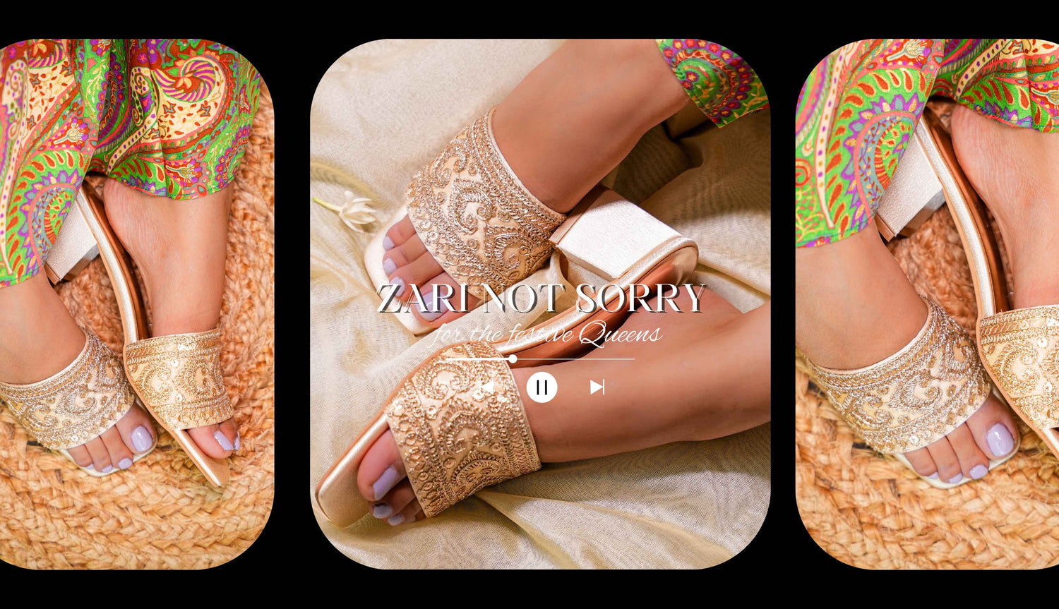 Gold embroidered shoes with a brand name displayed in the center. (Zari Not Sorry for the festive queens - Desktop Banner)