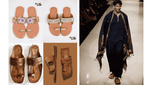 Collage of 4 Kohlapuri Chappals images and Model Wearing Kohlapuri Chappal on the Ramp