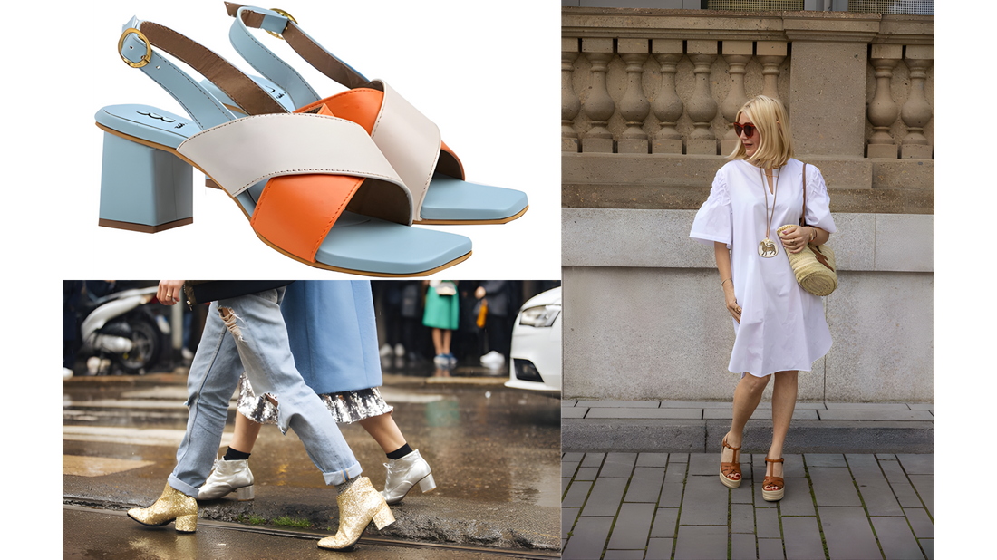 Coloured vs Neutral footwear featured image - collage of 3 images showing different coloured heels