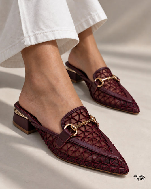 'Bossy Berry' Burgundy Mules - In Feet Front Side