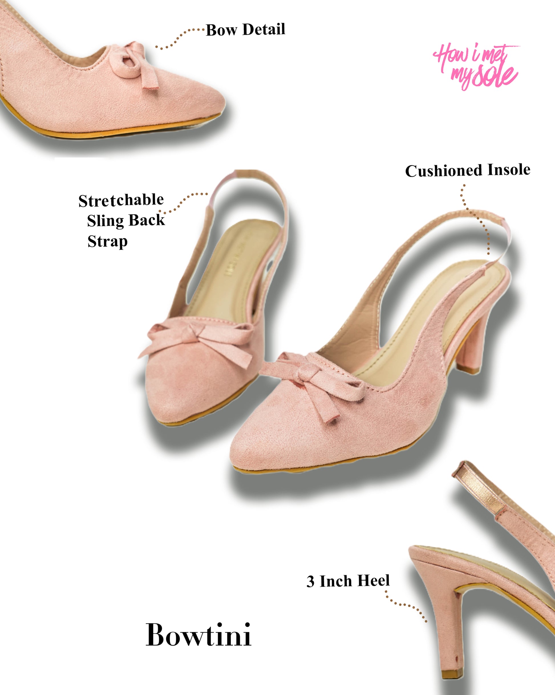 Bowtini Nude Pink Pointed Toe Kitten Heel - Details
