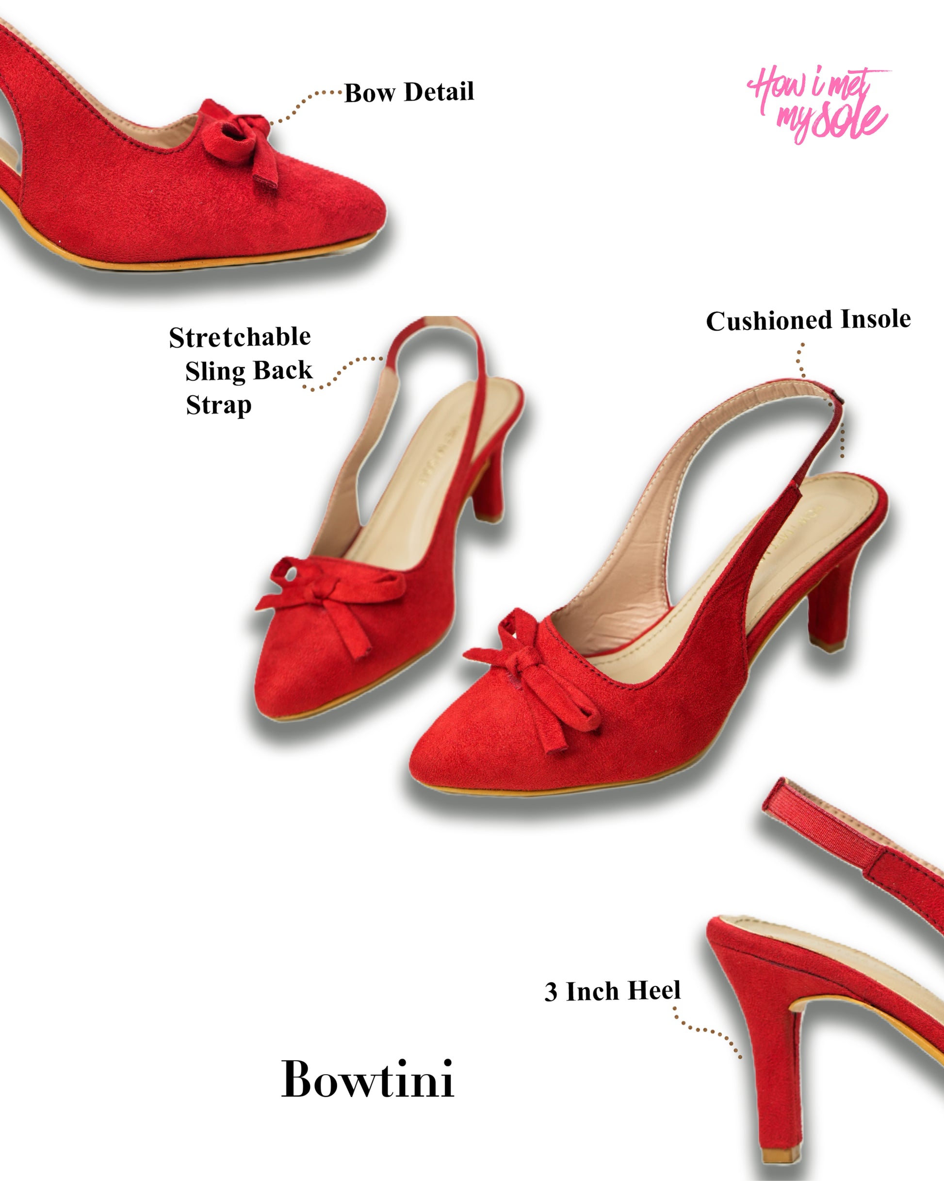 Bowtini Red Pointed Toe Kitten Heel - Details