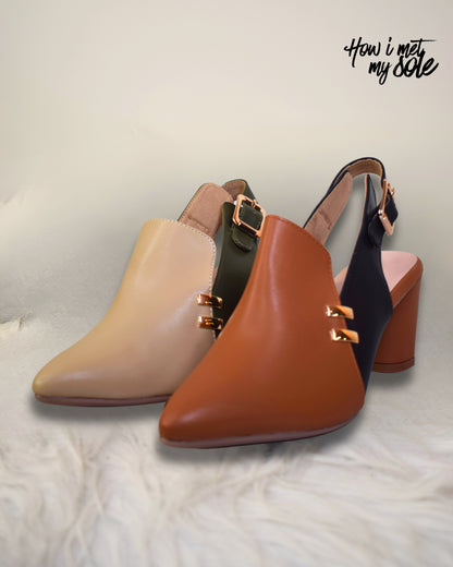 Comfortable 'Fall Fashioned' Brown & Black and Off-White & Olive Green Pointed-Toe Heels - Front Close Up