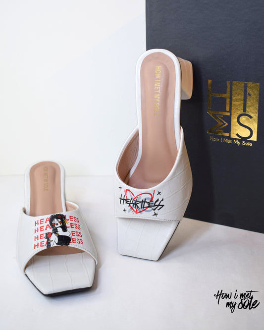 Comfortable 'Heartless' White Hand Painted Custom Open Toe Heels - Front & Top 1 with Box