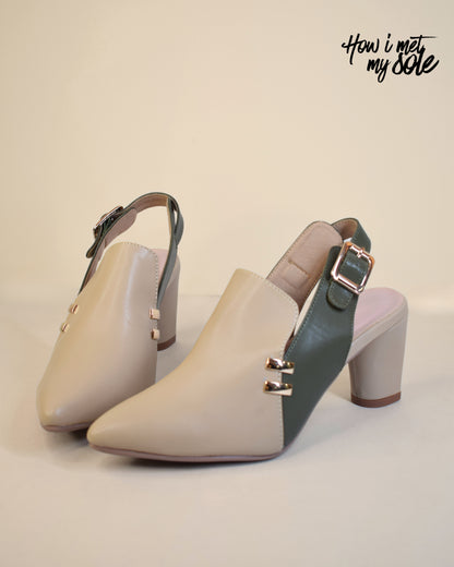 Comfortable 'Off-White Fall Fashioned' Off-White & Olive Green Pointed-Toe Heels - Front