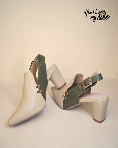 Comfortable 'Off-White Fall Fashioned' Off-White & Olive Green Pointed-Toe Heels - Front & Back Sides