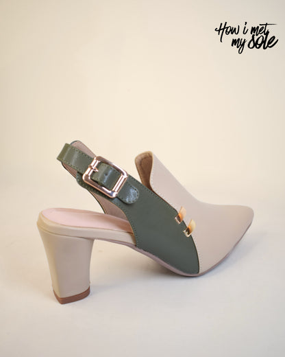 Comfortable 'Off-White Fall Fashioned' Off-White & Olive Green Pointed-Toe Heels - Side