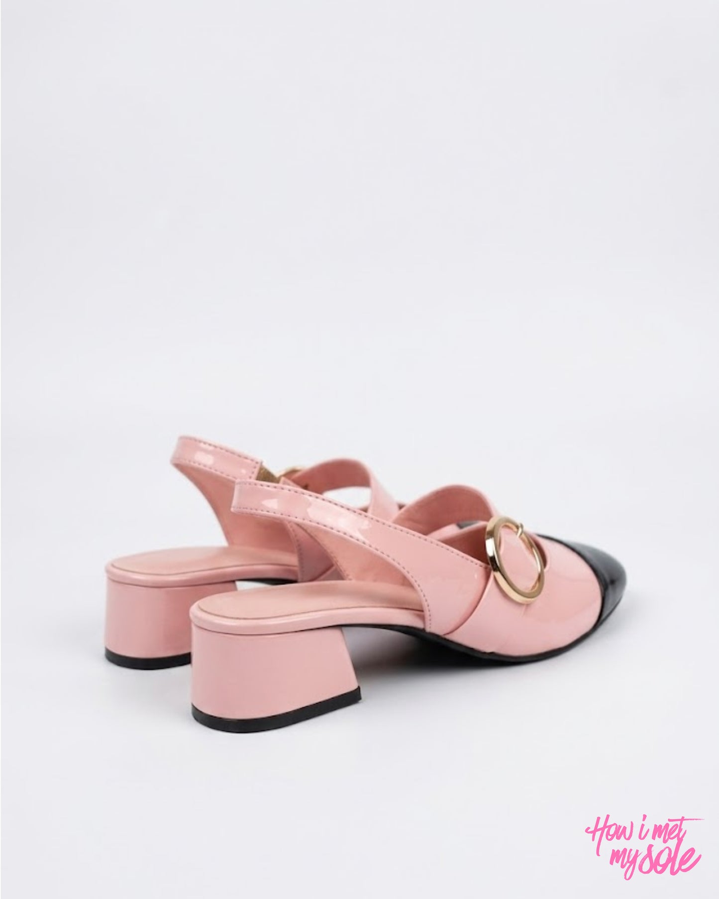Comfortable & Stylish '90s Gal' Baby Pink & Black Patent PU Ballet Flats With 1 Inch Block Heel - Back Sides