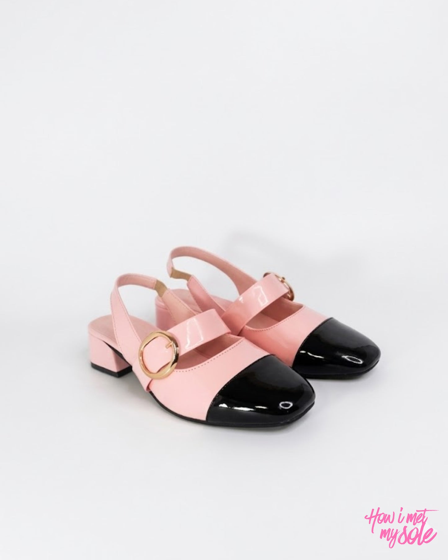 Comfortable & Stylish '90s Gal' Baby Pink & Black Patent PU Ballet Flats With 1 Inch Block Heel - Front Sides