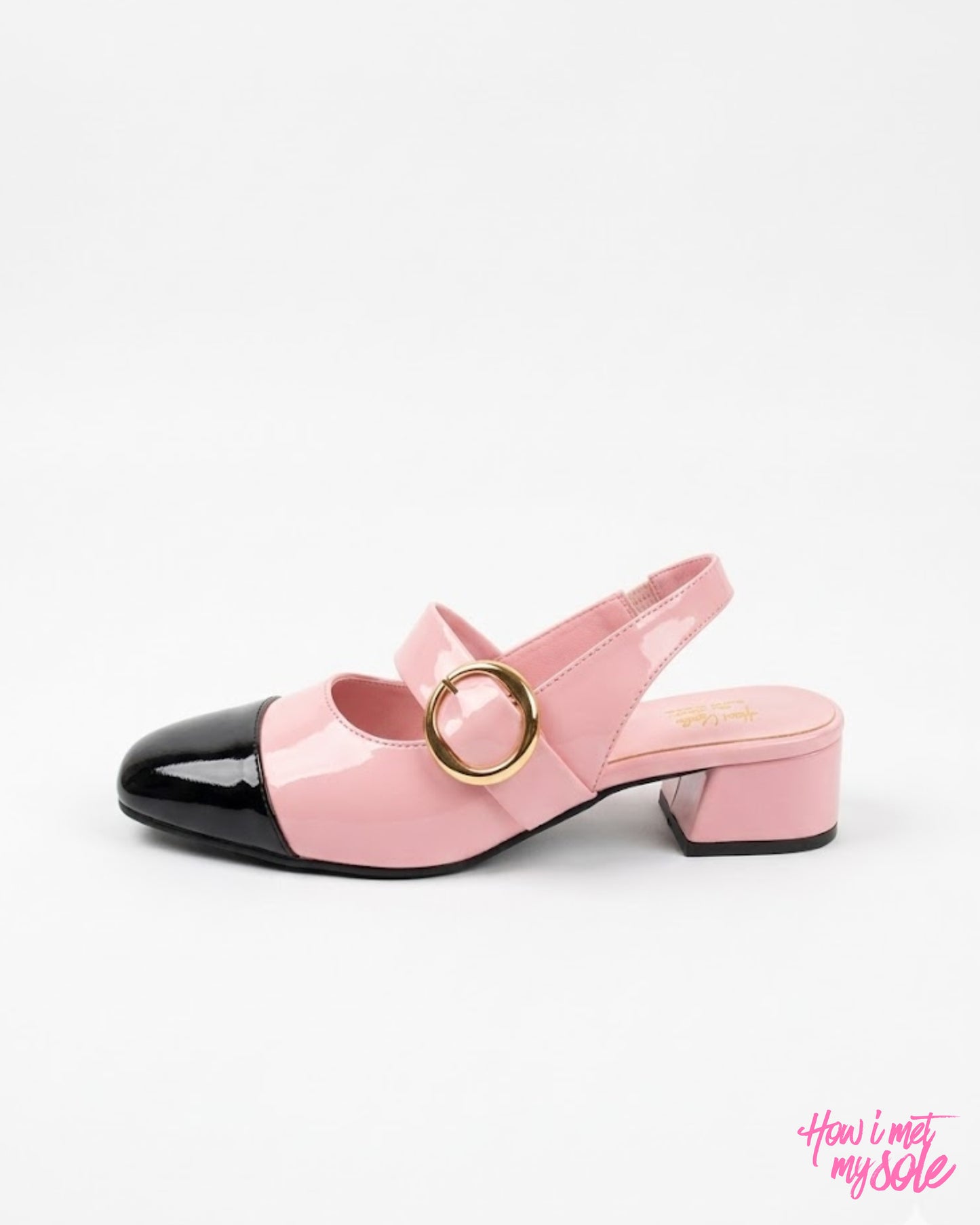 Comfortable & Stylish '90s Gal' Baby Pink & Black Patent PU Ballet Flats With 1 Inch Block Heel - Side