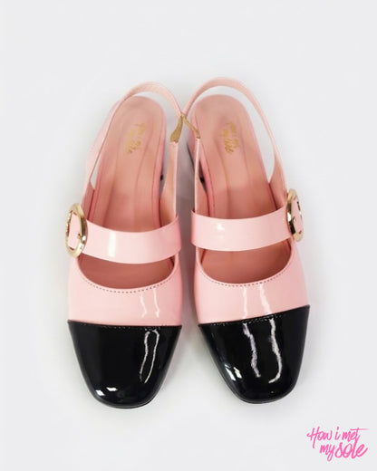 Comfortable & Stylish '90s Gal' Baby Pink & Black Patent PU Ballet Flats With 1 Inch Block Heel - Top