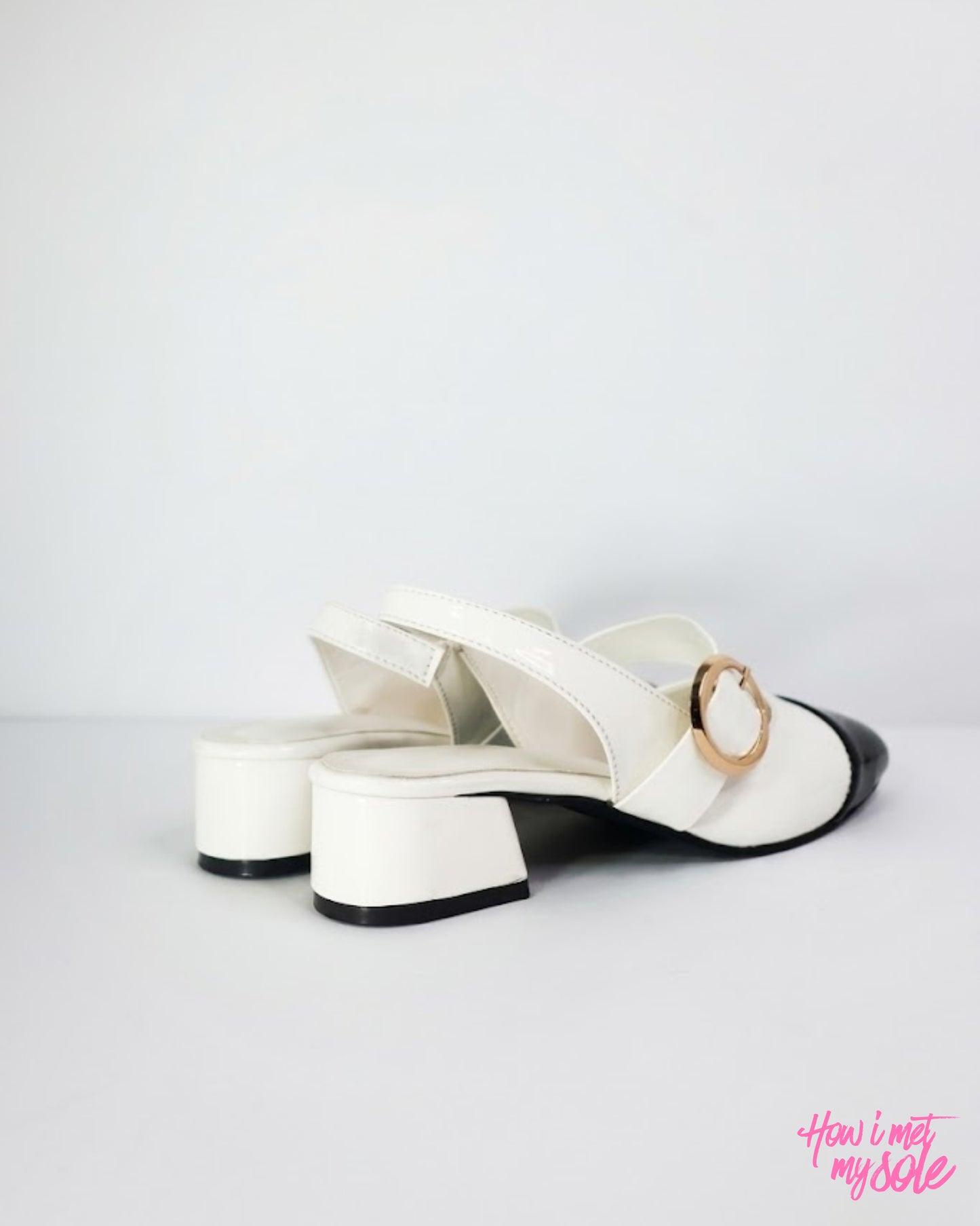 Comfortable & Stylish '90s Gal' White & Black Patent PU Ballet Flats With 1 Inch Block Heel - Back Sides