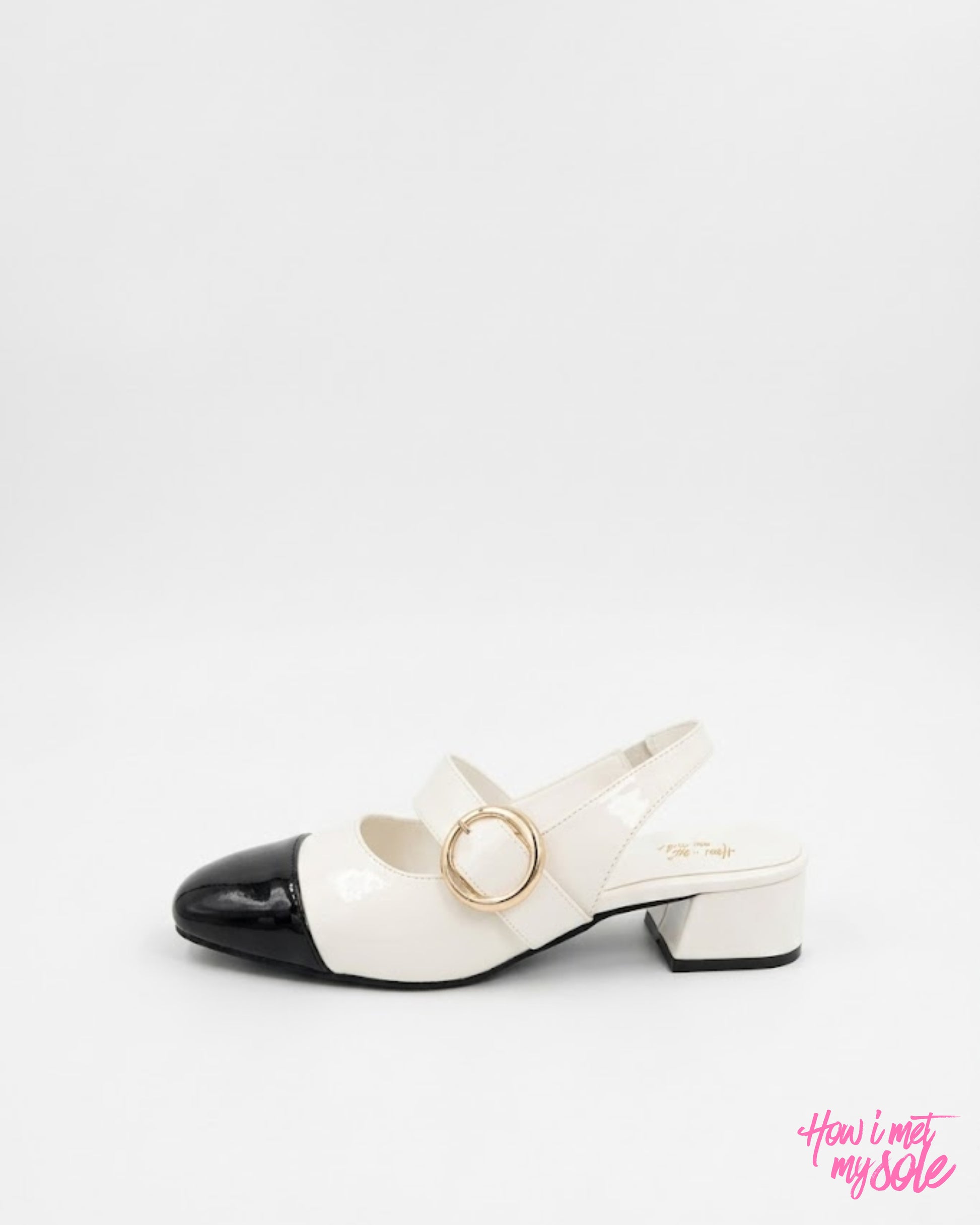 Comfortable & Stylish '90s Gal' White & Black Patent PU Ballet Flats With 1 Inch Block Heel - Side