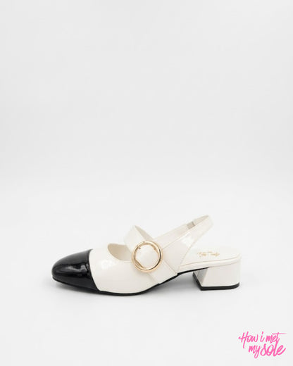 Comfortable & Stylish '90s Gal' White & Black Patent PU Ballet Flats With 1 Inch Block Heel - Side