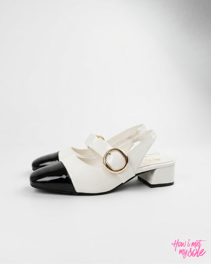 Comfortable & Stylish '90s Gal' White & Black Patent PU Ballet Flats With 1 Inch Block Heel - Sides