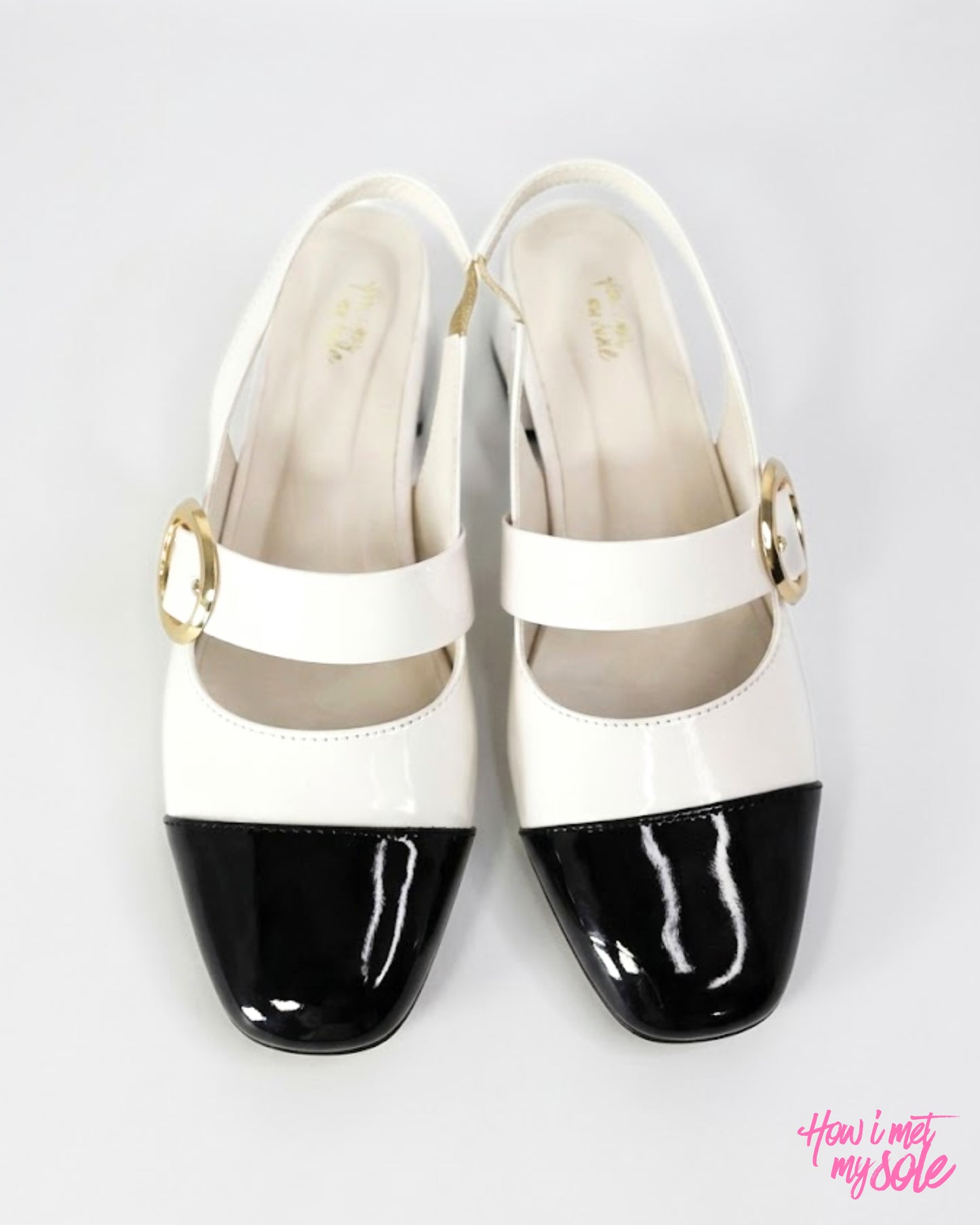 Comfortable & Stylish '90s Gal' White & Black Patent PU Ballet Flats With 1 Inch Block Heel - Top